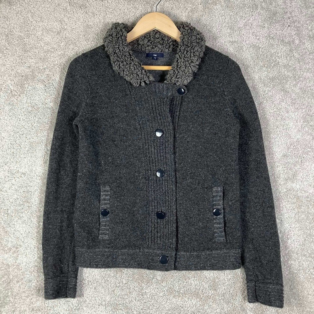 Gap Womens Gray Wool Button Up Cardigan Faux Fur Collar Cardigan Sweater Small